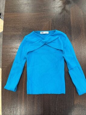 ZARA Twist-Detail Ribbed Top in Turquoise Blue